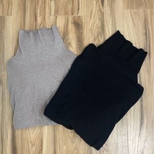 Set of 2 Ribbed Knit Top Bundle in Black and Gray/Tan